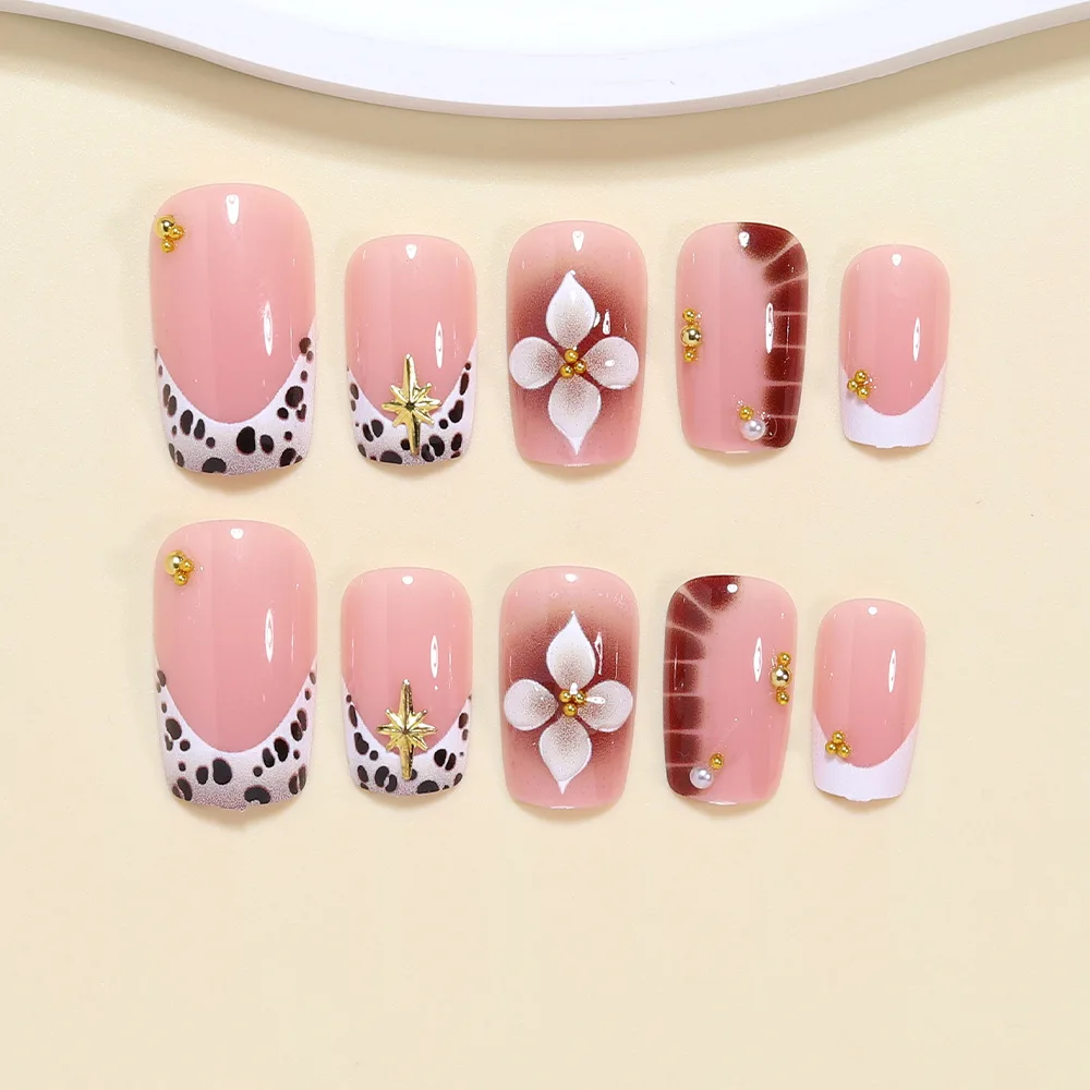White Flower Nail Art Design with Golden Hexagram And Beads Translucent Wearable Nails for European Style