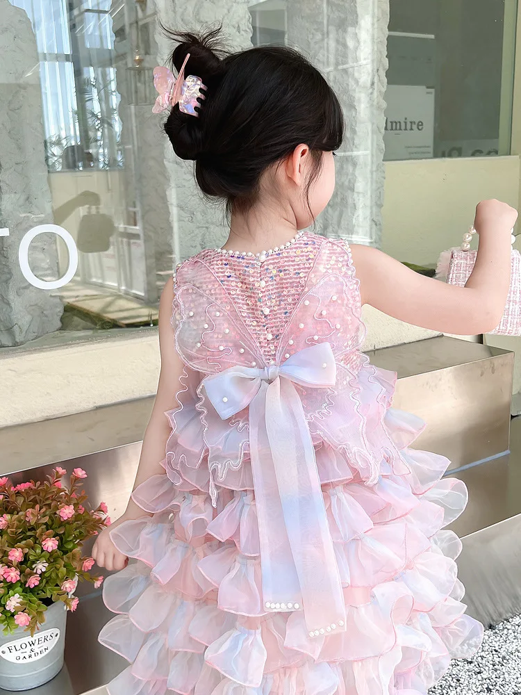 Girls' Summer Dress2024New Western Style Children's Sequined Mesh Princess Dress Little Girl Birthday Dress