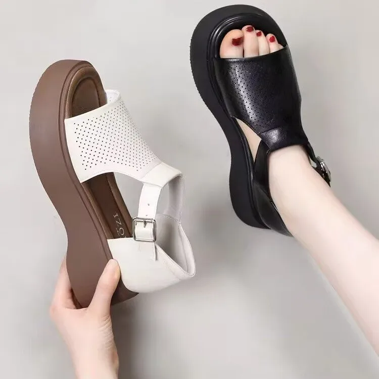 Women'S Leather Upper Plus Size Sandals Open Toe Roman Thick Sole Flat Sandals Hollow Breathable Comfort Shoes Woman 2025 Trend