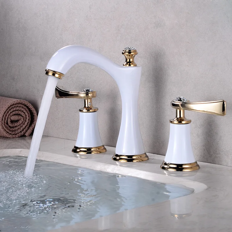 European basin hot and cold faucet double handle three-hole split washbasin faucet three-piece set white bathroom