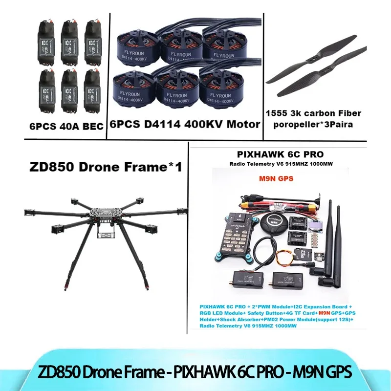 

ZD850 6C PRO M9N Full Carbon Fiber 850mm Hexa-Rotor Frame BLHELI 40A ESC Flight Control Radio Telemetry Set