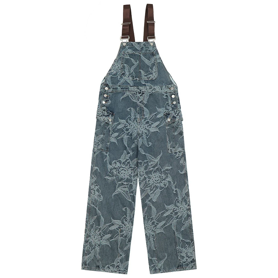 Men Flower Jacquard Woven Denim Bib Overalls Loose Floral Pattern Cotton Jeans Suspenders Jumpsuits Coveralls Dungarees