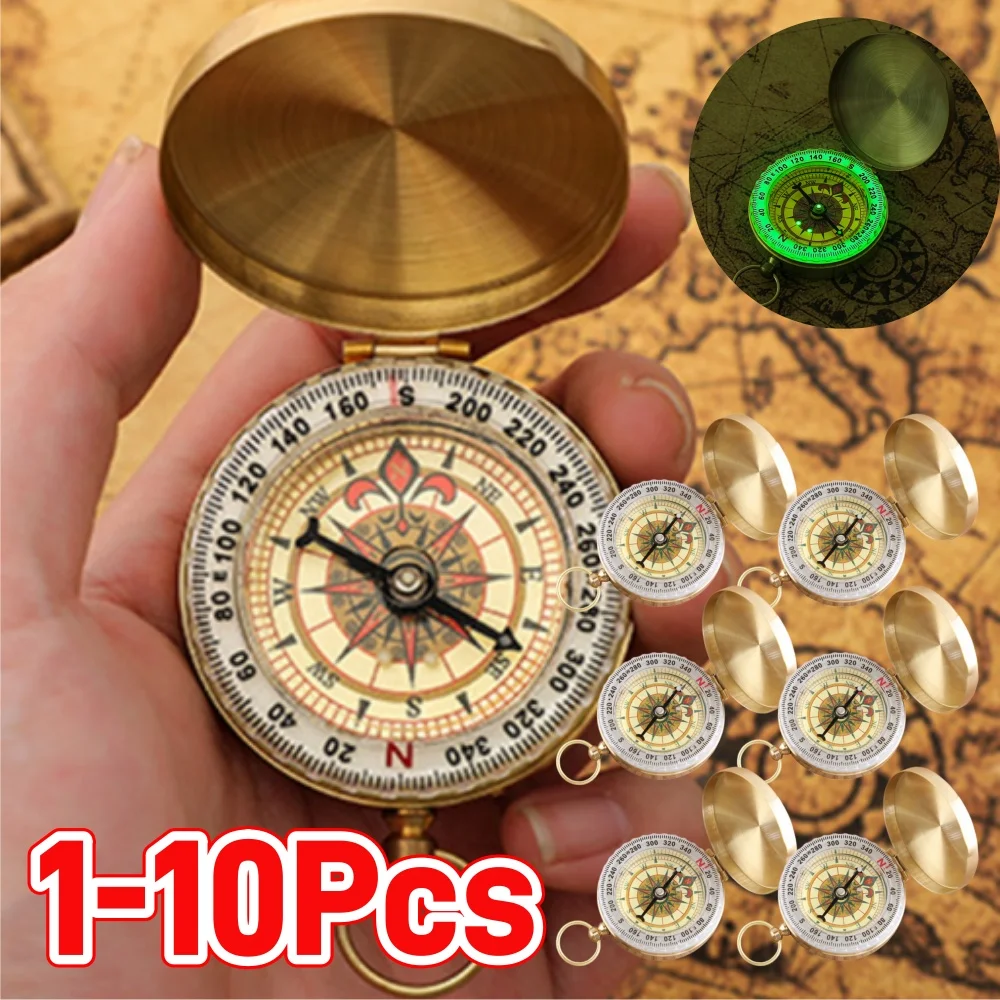 1-10X Brass Outdoor Compass - Gold Copper Portable Pocket Compass with Glow-in-the-Dark Display for Camping & Hiking Navigation