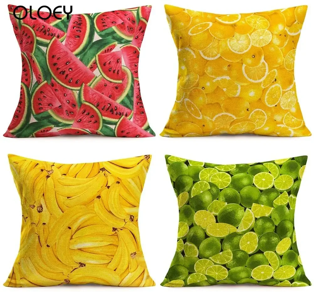 Decorative Cotton Linen Throw Pillow Cover Fruit Watermelon Orange Lemon Banana Pillow Case Home Sofa Bedroom Decorative 45X45CM