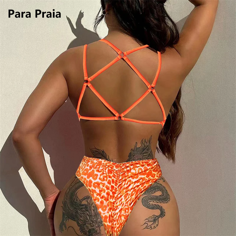 Para Praia Leopard V Neck One Piece Swimsuit 2025 Swimwear for Women Sexy High Cut Bathing Suit Backless High Waist Monokini