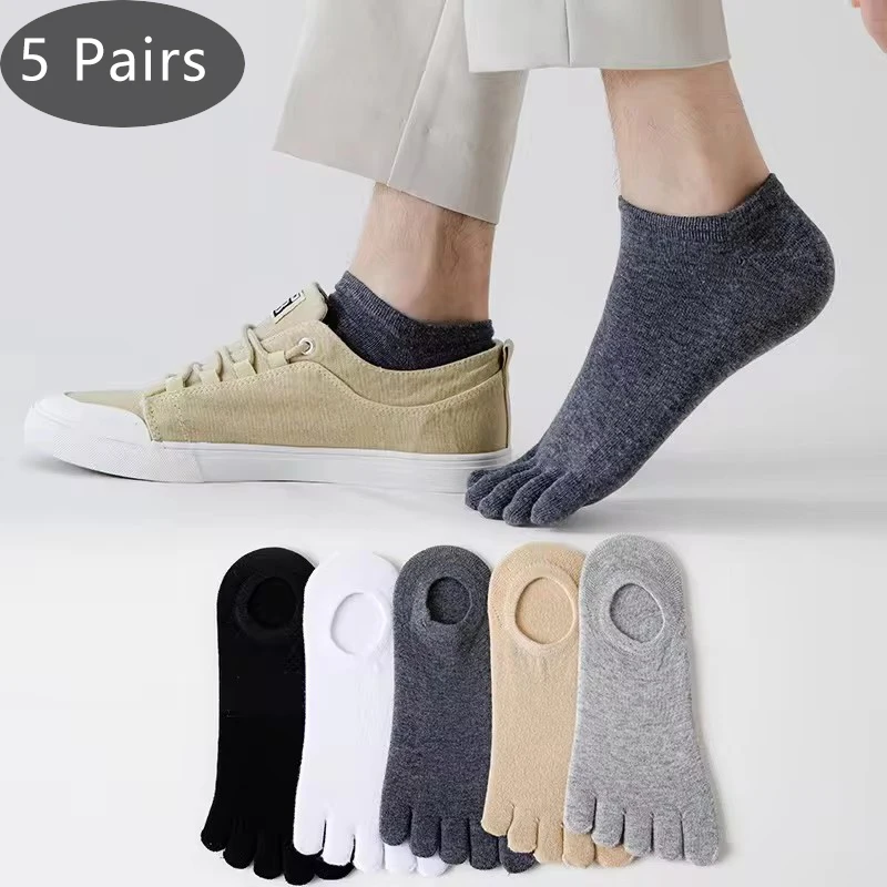 5 Pairs Ankle Toe Socks Man Summer Cotton Solid Shallow Mouth Thin soft Elastic Breathable No Show Invisible 5 Finger Socks