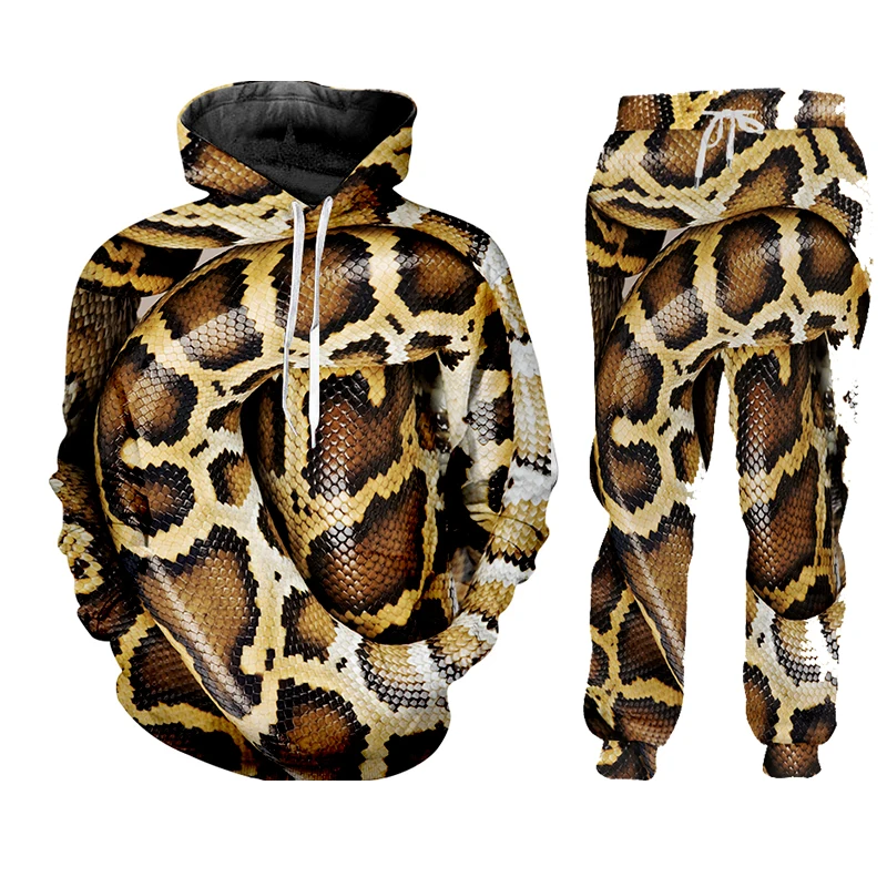 Men Snake Personality Printed HoodieSweatpants 2 Piece Set Long Sleeve Pullover Sweatershirt Suit Elastice Waist Trousers Outfit