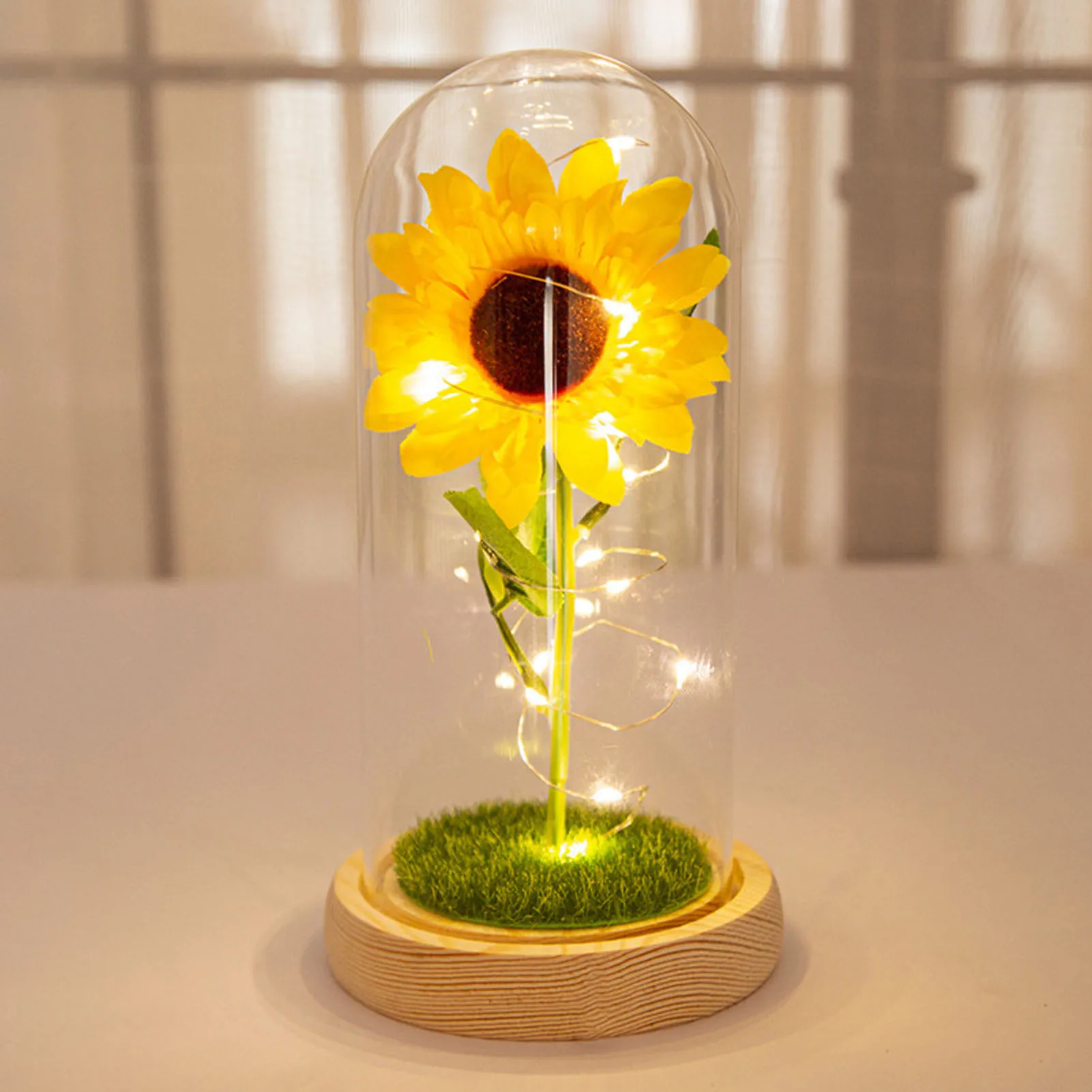 Simulation Sunflower Glass Cover Decoration Luminous LED Artificial Eternal Sunflower Glass Dome Night Light For Women