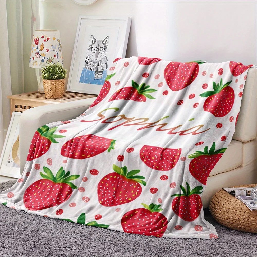 Customize 1pc Custom Name Lovely strawberry Flannel Throw Blanket - Soft Polyester Fiber, Machine Washable, Chunky Knit All-Seas