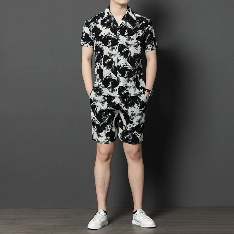 

Легкий мужской комплект из смеси шелка, рубашки и шорты с короткими рукавами, ледяное лето, высокое качество, дышащий, приятный для кожи, Conjuntos De Hombre