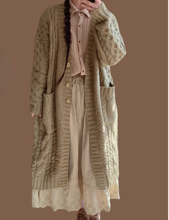 가을 겨울 일본식 우아한 레트로 두꺼운 롱 스웨터 가디건 패션 소녀 루즈핏 나이 감소 V넥 니트 울 스웨터