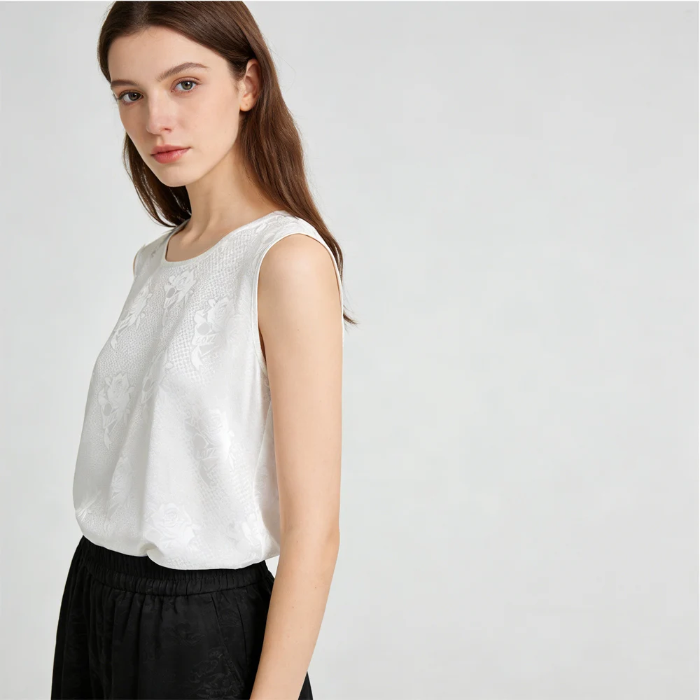 Welfare Style Breathable Skin Friendly 60% Natural Mulberry Silk Jacquard Satin Round Neck Sleeveless Base Solid Women's Vest