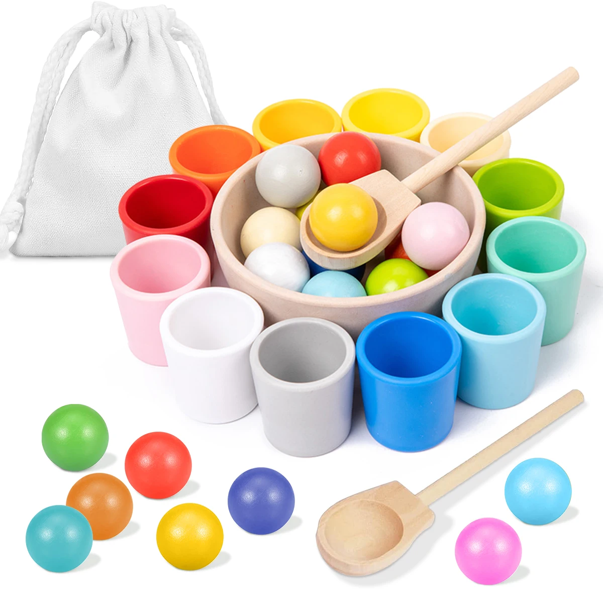 Baby Montessori Wooden Toy Rainbow Ball and Cups Color Sorting Games Fine Motor Early Education Learning Toys Gifts for Children