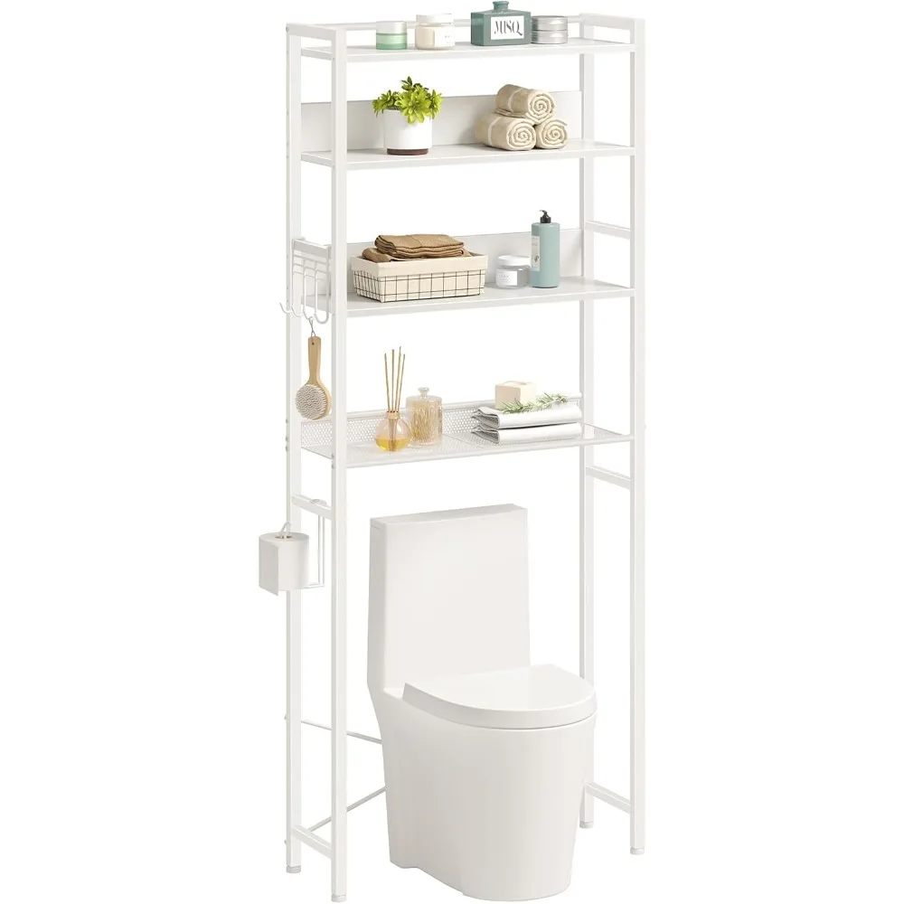 

Over The Toilet Storage 4-Tier, Freestanding Bathroom Organizer, Sturdy Behind Toilet Rack with Hooks, Space-Saving Design, Fit