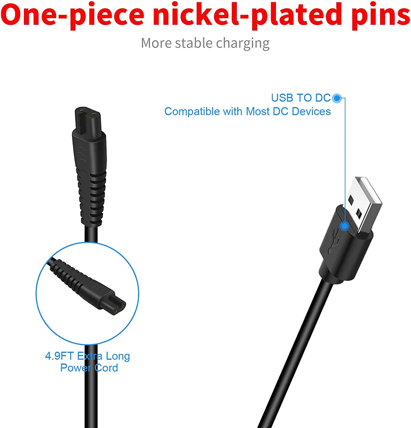 Cable cargador USB Compatible con Hatteker, cortadora de pelo, recortadora de barba, RFC-588 de aseo, RFC-598, maquinilla de afeitar inalámbrica para hombres, RFC-692