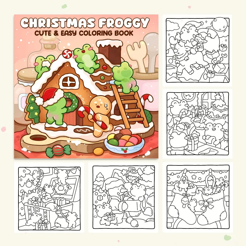 Christmas Froggy Coloring Book 24 Pages Cute Xmas Frog Gingerbread House Kids Easy Colouring