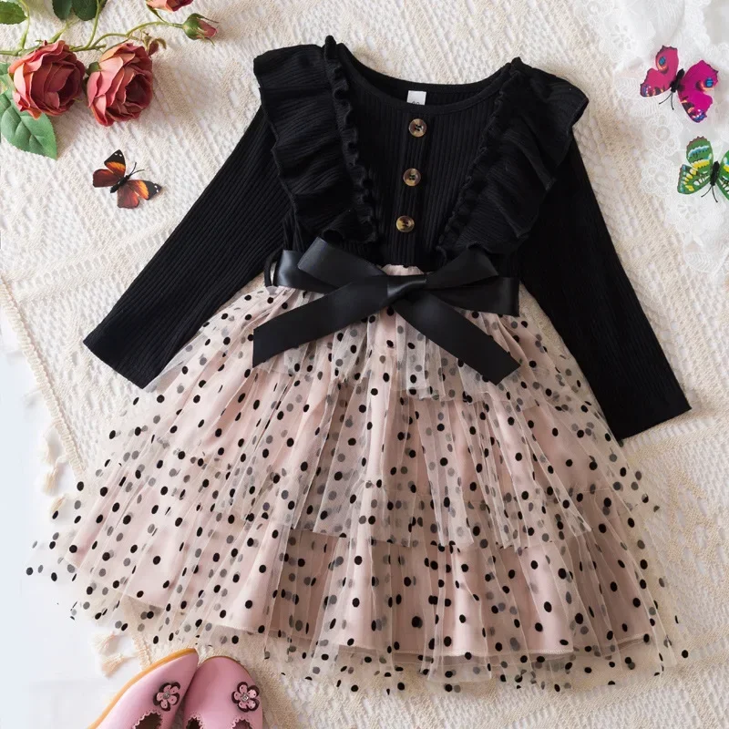 Abito da principessa per ragazze Autunno Inverno Manica lunga Fiocco a pois Maglia Patchwork Abito a strati 2-7 anni Abiti per bambini di compleanno per feste