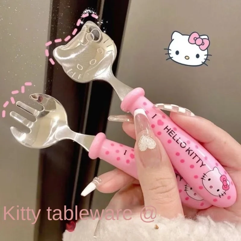 Sanrio Hello Kitty Cute Kawaii KT Cat Spoon Fork Cutlery Set Cartoon Student Portable Travel Box Home Furnishings Holiday Gift