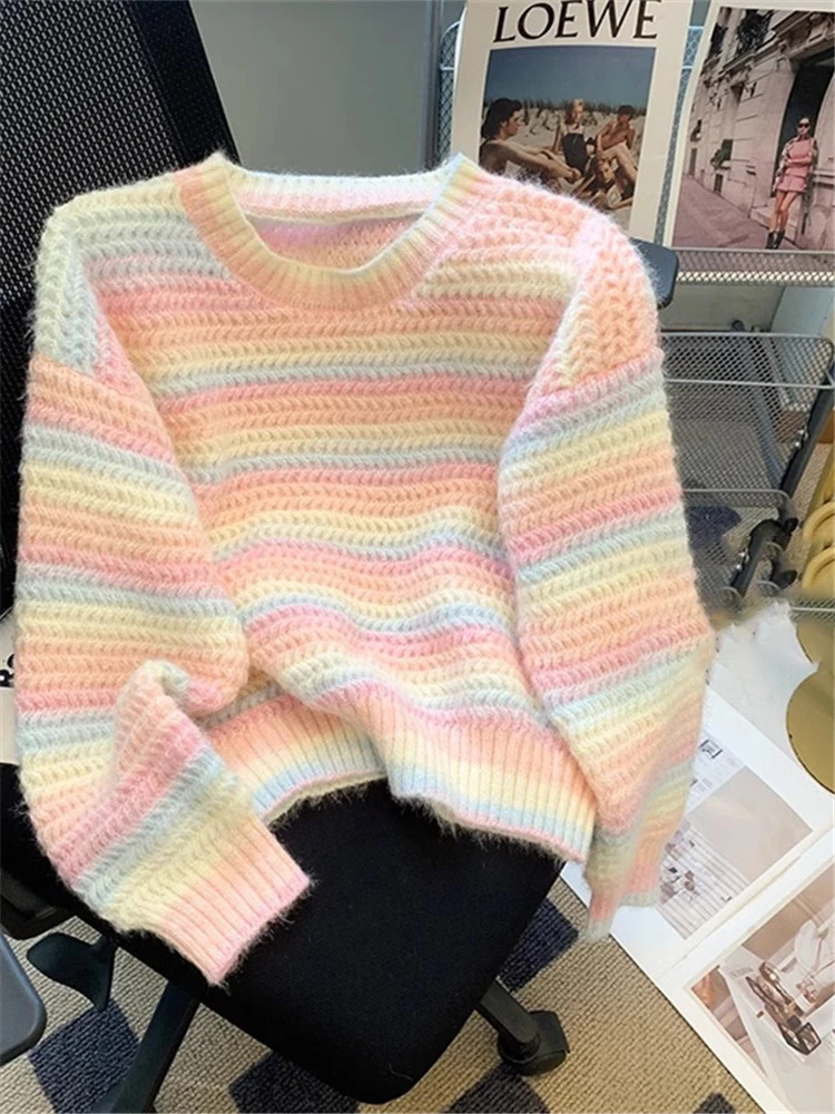 Rainbow Color Striped Soft Women's Sweater Korean Spring Autumn Long Sleeve All-match Knitted Pullovers Gentle Sweet Girl Tops