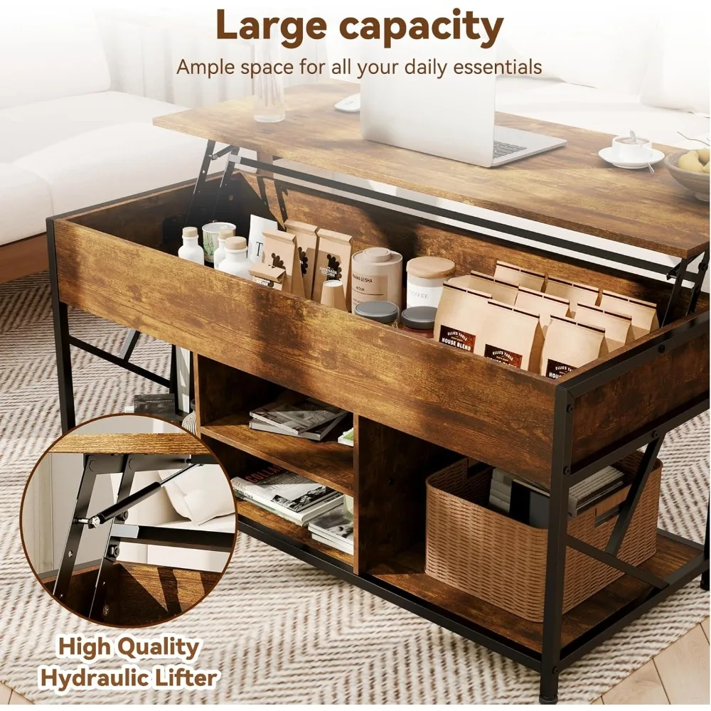 Mesa de centro, mesa de centro elevatória de 47,2 polegadas para sala de estar, mesas de sala de estar marrom rústico com armazenamento e compartimento oculto