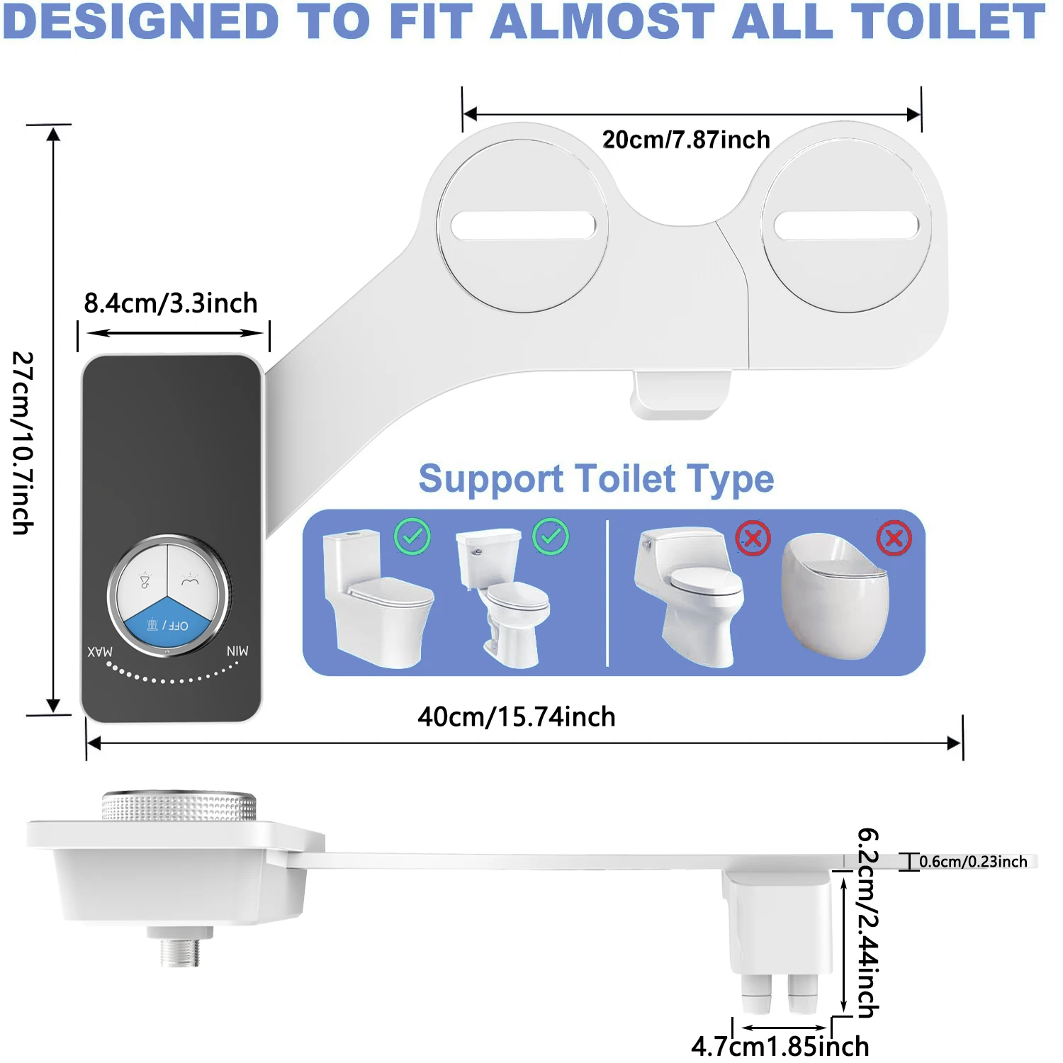 Atalawa Toilet Seat Bidet Attachment Ultra-Slim Double Nozzle Adjustable Water Pressure Non-Electric Ass Sprayer
