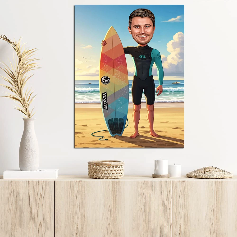 

Custom Man Cartoon Caricature Portrait, Personalized Wall Art Poster, Surfboard Sea Beach Picture, Home Room Decor Canvas Print