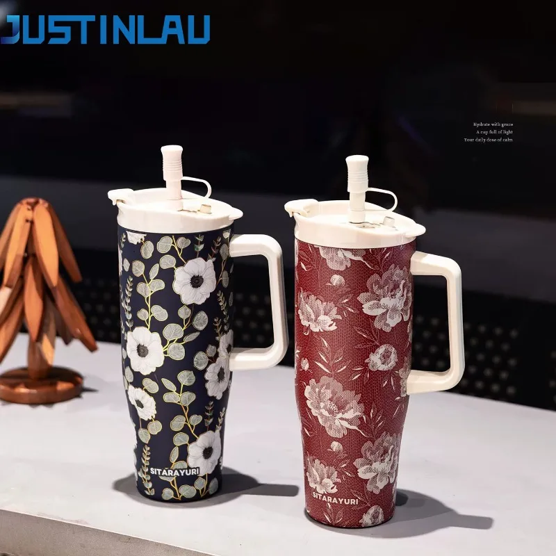 

SITARAYURI 1200ML Thermos Cup 304 Stainless Steel Straw Cup Decal-Art Vacuum Flasks for Hot& Cold Drinks Travel Thermal Car Mug