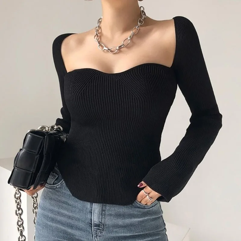 French Square Collar Sexy Slim-Fit Design Sense Knit Pullover Popular Side Slit Women New Simple Texture Long Sleeve Base Shirt