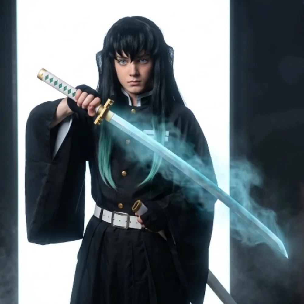 

40inch Mist Demon Slayer Katana Muichirou Sword LED Wood Vapor Original Sabre Cosplay Accessories Prop Schwert Vapour Toy Gift