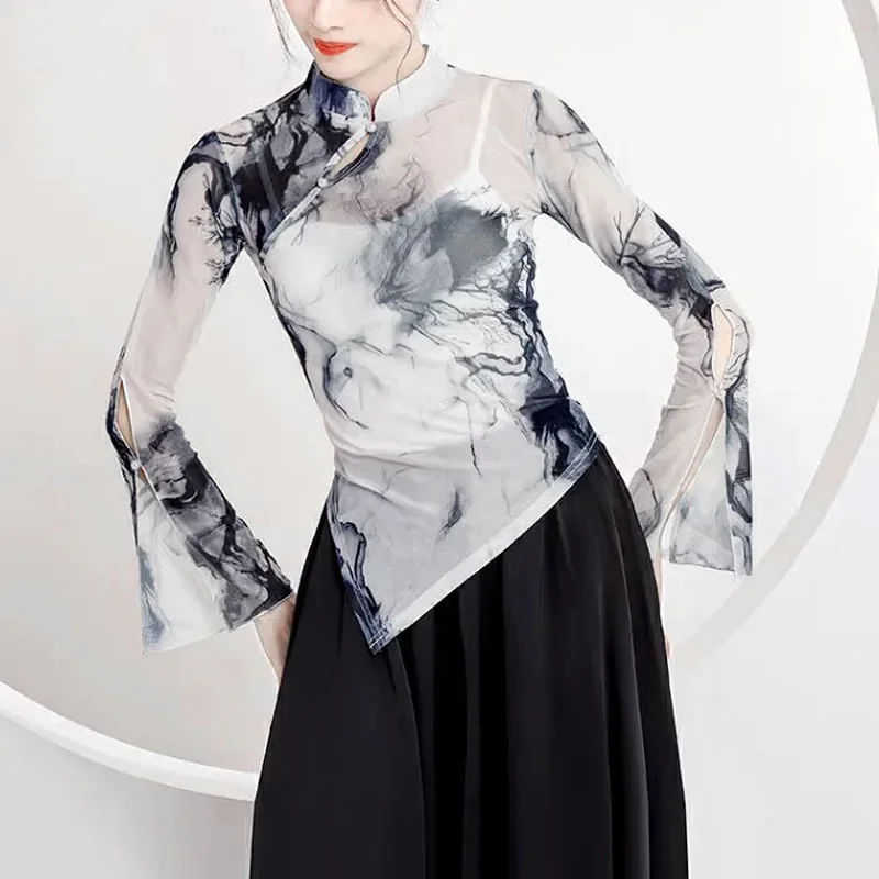 

Classical dance gauze clothing women's ancient style collar ink printed top Chinese dance body basic training uniform adult