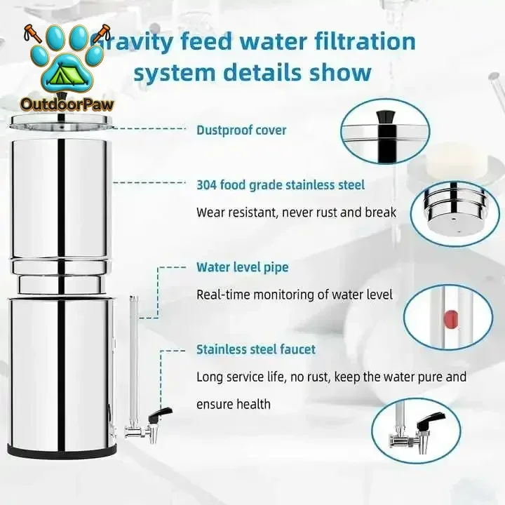 Gravity Fed Water Filtration System NSF 42/53 Standards 304 Stainless Steel Gravity Water Filter with Activated Carbon Filter