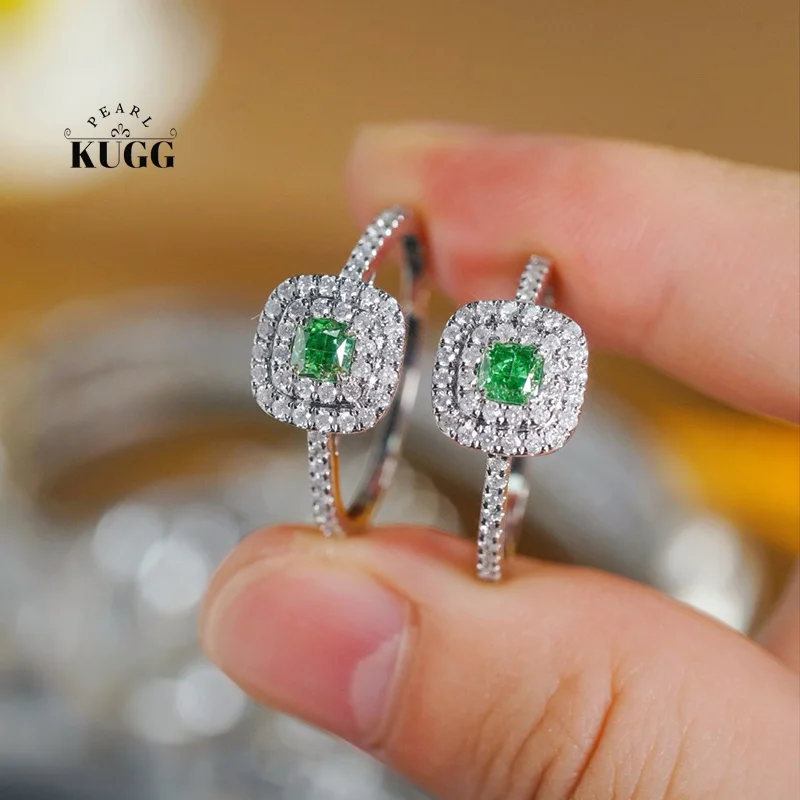 KUGG 100% 18K White Gold Rings Luxury Elegant Style Real Natural Green Diamond Engagement Ring for Women High Party Jewelry