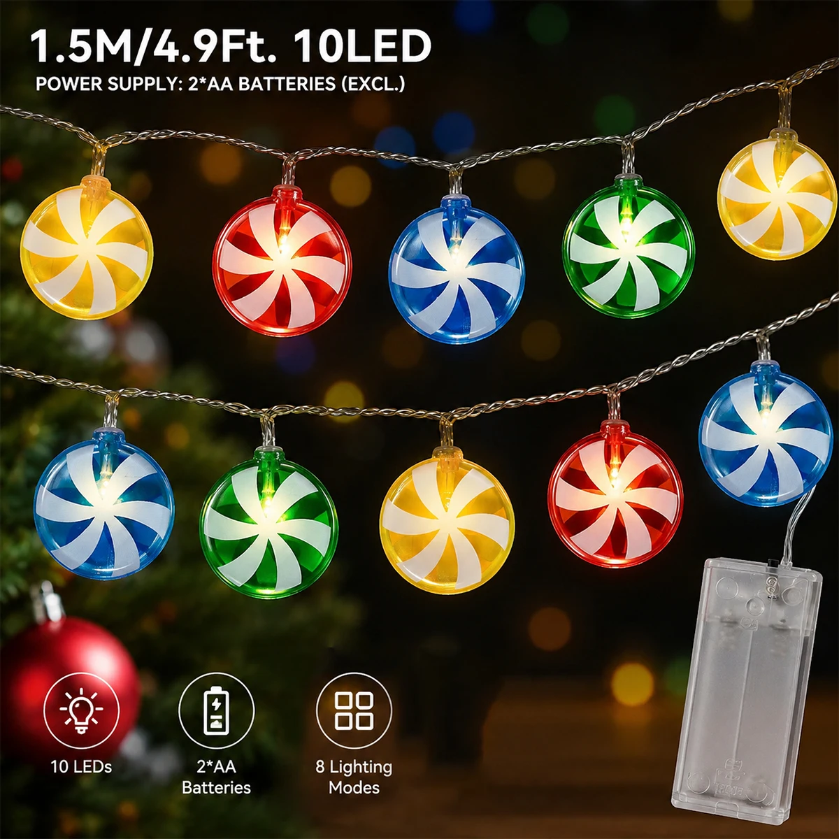 1pc 10/20 LED Christmas Lollipop Round Candy String Light Battery Powered Fairy Lamp For Home Bedroom Yard Festival Xmas Decor