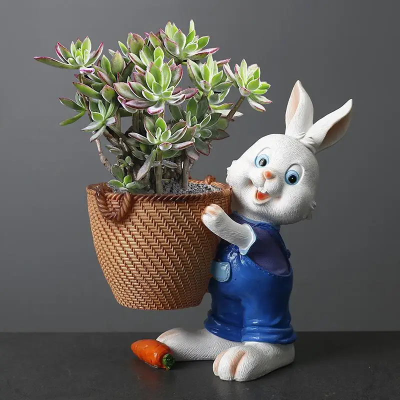 Cartoon Creative Animal Cute Rabbit Green Plant Flowerpot Resin Ornaments Art Balcony Outdoor Garden Figurines Decoration Crafts