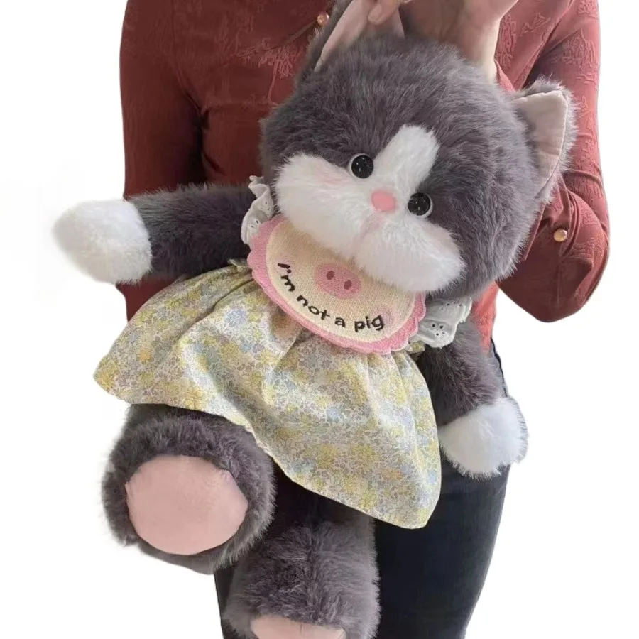 Śliczna sukienka Czarny kot Pluszowa zabawka Kawaii Symulacja zwierzęcia Pluszowa puszysta wypchana szara lalka kot Prezent świąteczny Dekoracja samochodu do domu