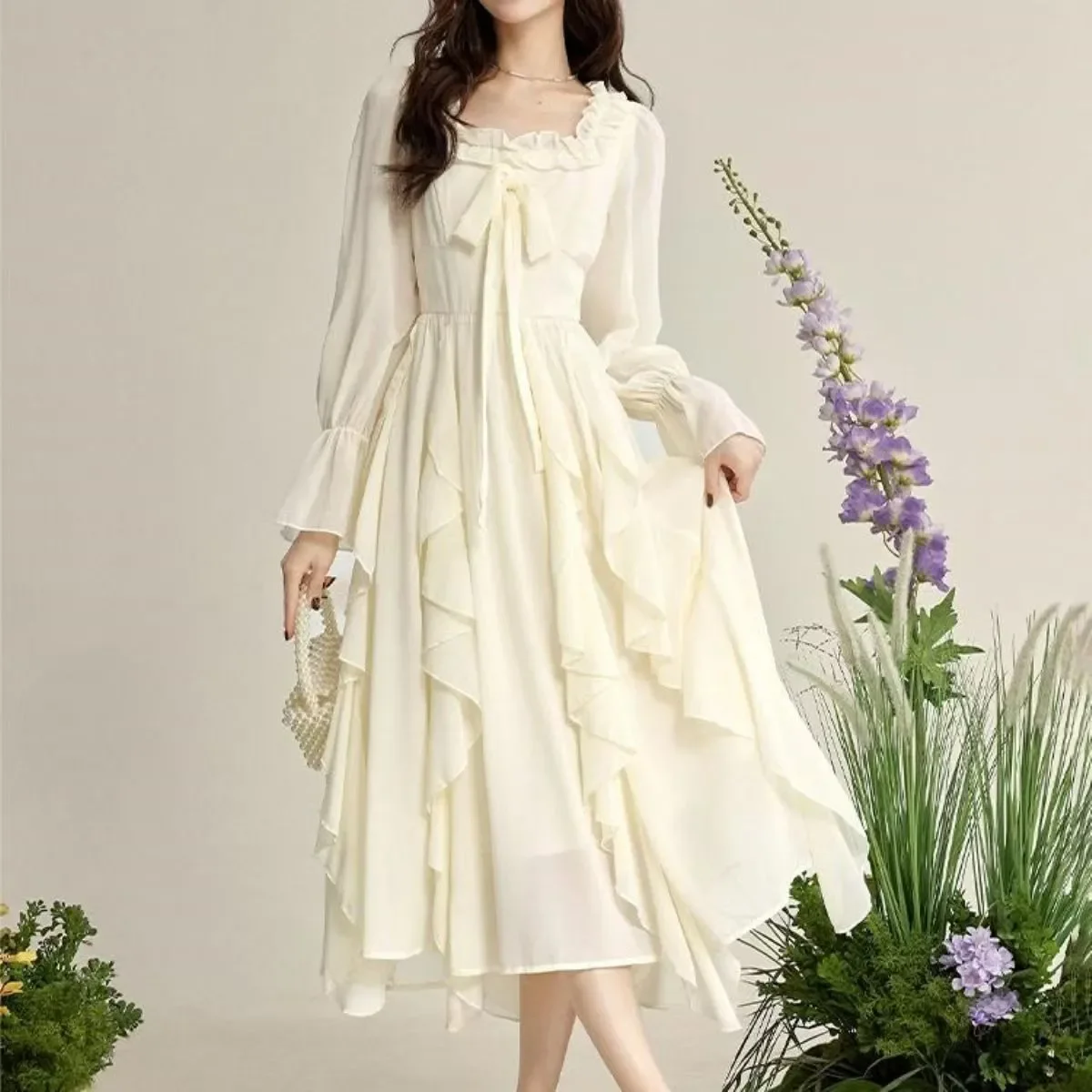 Women Fairycore Chiffon Maxi Dress Square Neck Puff Sleeve Ruffle Flowy Long Dress Summer A-Line Party Wedding Guest Vestidos