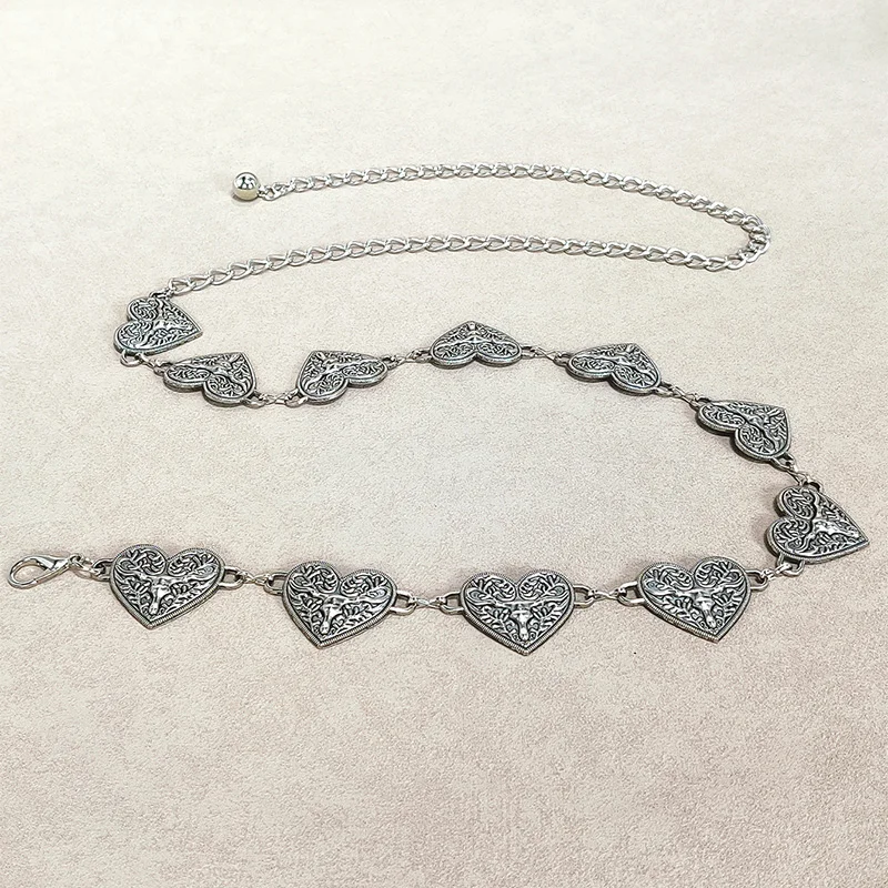 القوطية الفضة حزام على شكل سلسلة الإناث عاشق القلب الثور رئيس عملات فستان فاسق حزام فاخر مصمم أحزمة للنساء Y2K حزام البنطال الجينز #4