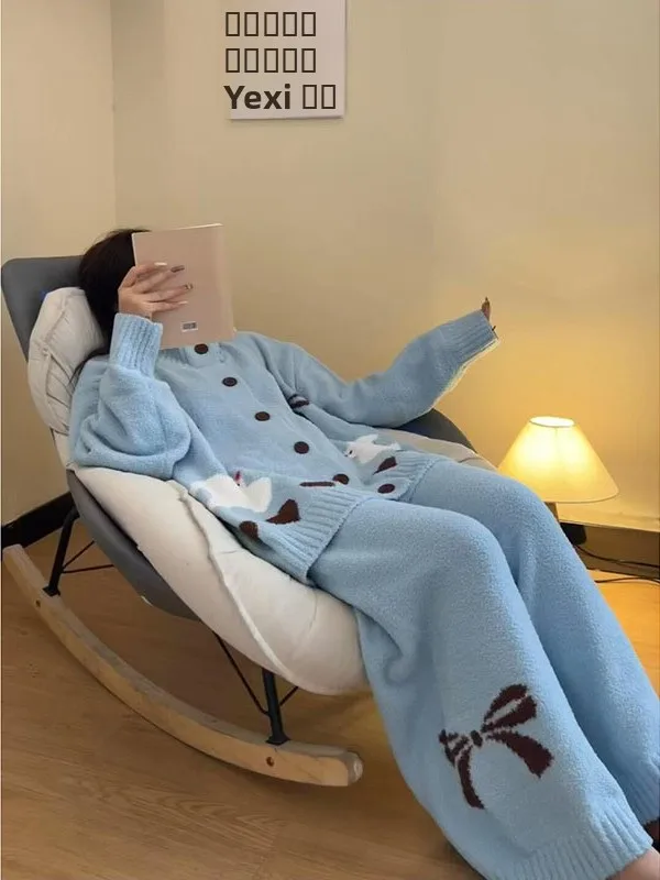 

Женский трикотажный пижамный комплект Thiened f Fce больших размеров, длинный комплект домашней одежды с милым мультяшным принтом, круглый комплект Ne