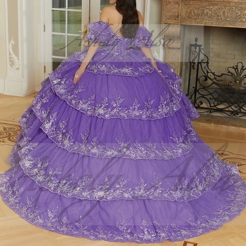 Customized Mexican Purple Women Prom Dress Ballgown Off Shoulder Lace Applique Beads Sweet 14 15 Girl Quinceanera Dress Party