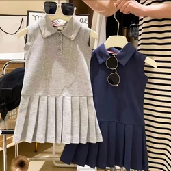 Fashion 2023 Summer Kids Clothes Girls Dress Cute Preppy Style Polo Pleated Dress Baby Girls Sleeveless Casual Dress Cotton