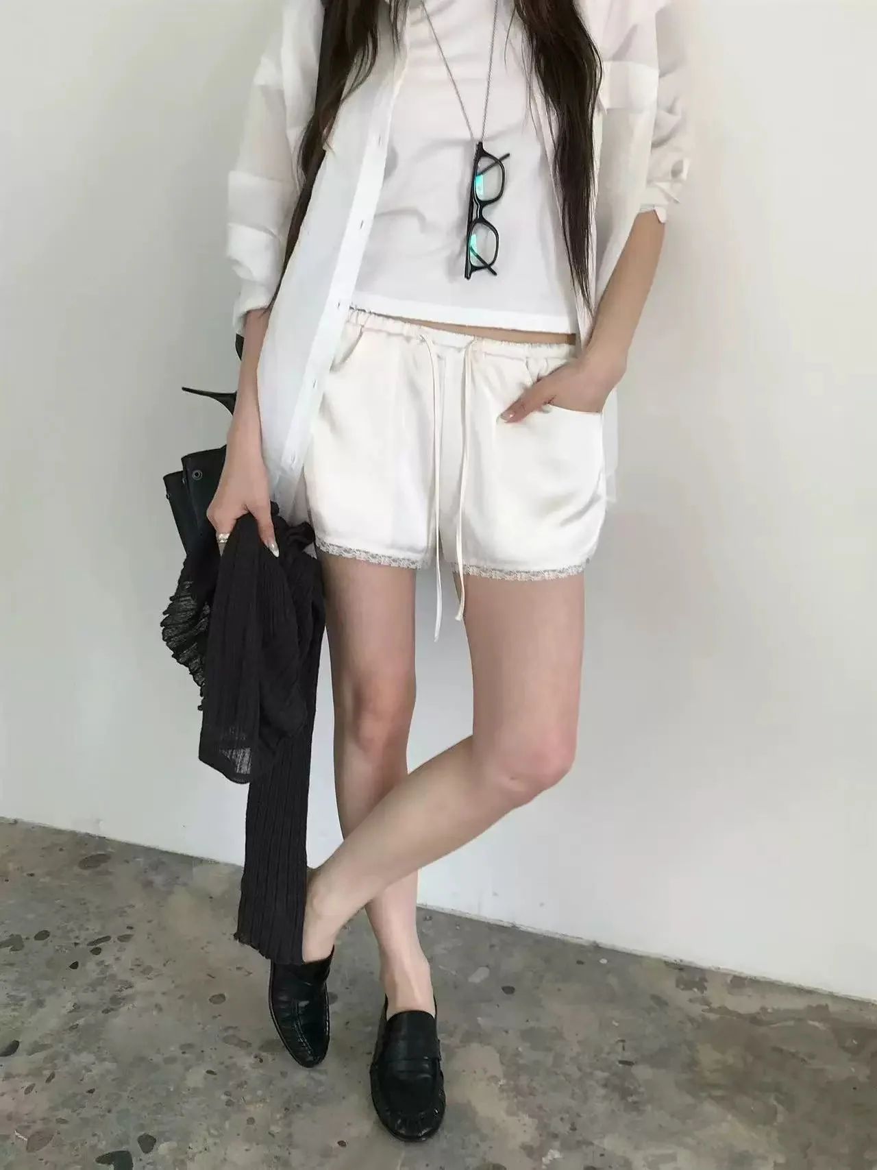

Korean Style Lace Drawstring Shorts Casual Straight Leg Slimming Hot Pants Adjustable Waist Other Material 100% Women's Fashion