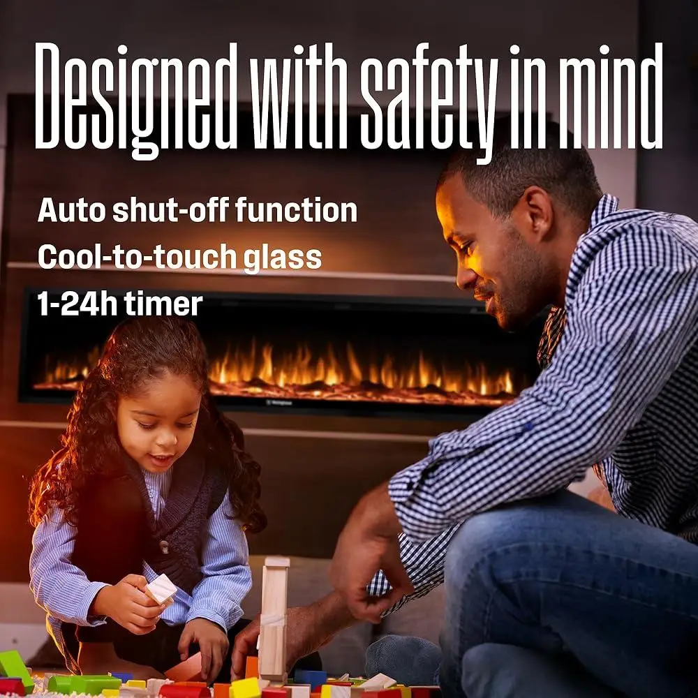 50 Inch Electric Fireplace Heater Smart Control Compatible with Alexa Google Home Adjustable Heat Multi Color Flames Wall Mount