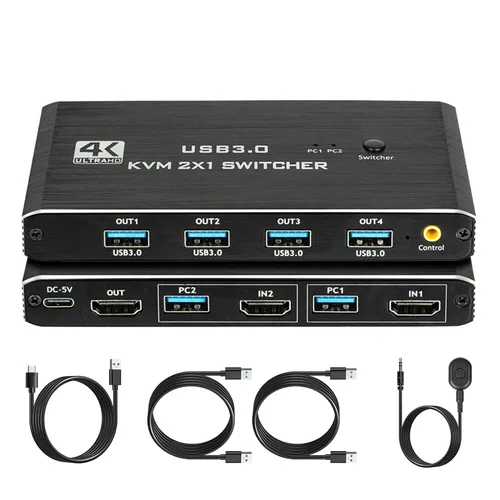 Imagen 2 del producto Conmutador KVM 2x1 USB 3,0 compatible con HDMI 4K @ 60Hz con control remoto para 2 ordenadores Compartir 1 monitor/teclado/ratón/impresora (4 dispositivos USB)