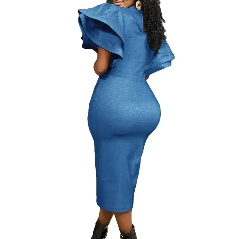 Jean Bodycon Dress African Dresses for Women Elegant Flare Sleeve Long Package Hip Skirt Plus Size Robe Femme African Clothes