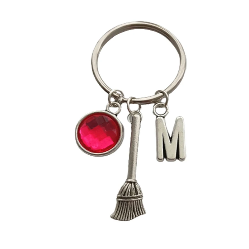 Broomstick Keyring, Witch Broom Keychain, Birthday Party Gift, Initial and Birthstone