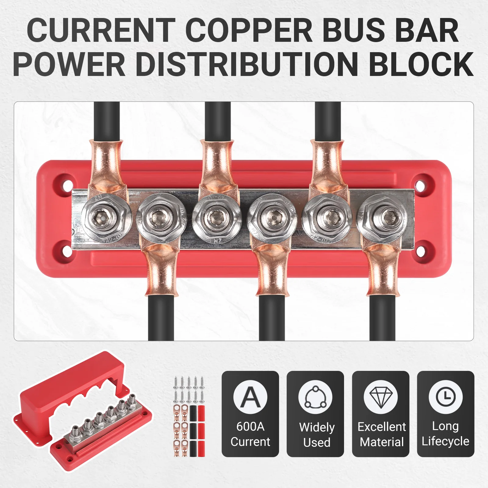 Busbar Battery Terminal Block with Cover copper Lugs Terminals 600A Bus Bar 6 x 3/8