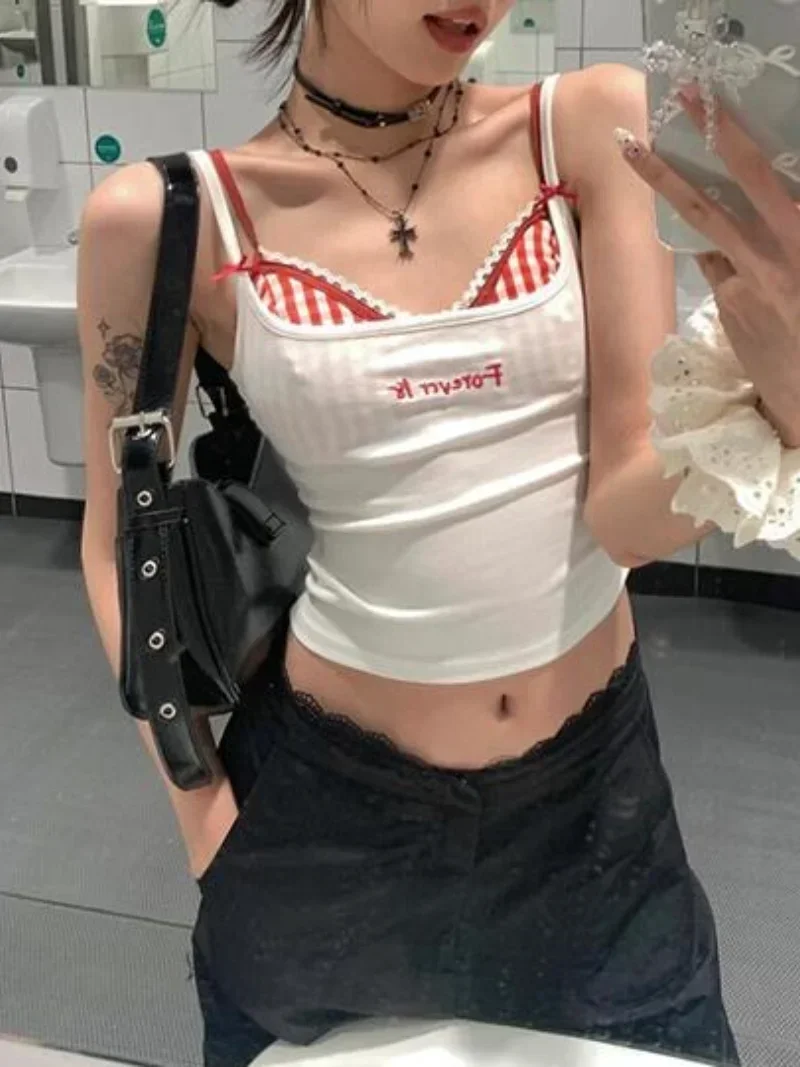 Summer Y2k Top Women Sexys Camis Crop Top with Cups Women\'s Sleeveless Bra Tank Tops 2000s Female Lace Plaid Corset Korean Style