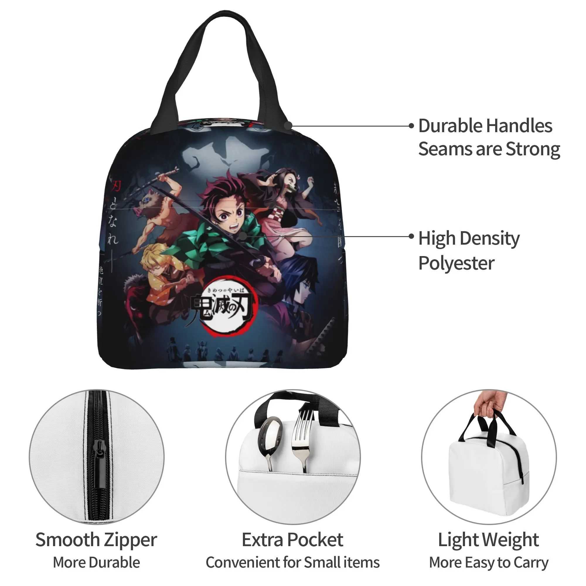 Custom Demon S-Slayer Kimetsu No Yaiba Insulated Lunch Bags for Women Anime Manga Resuable Cooler Thermal Food Lunch Box School view 3