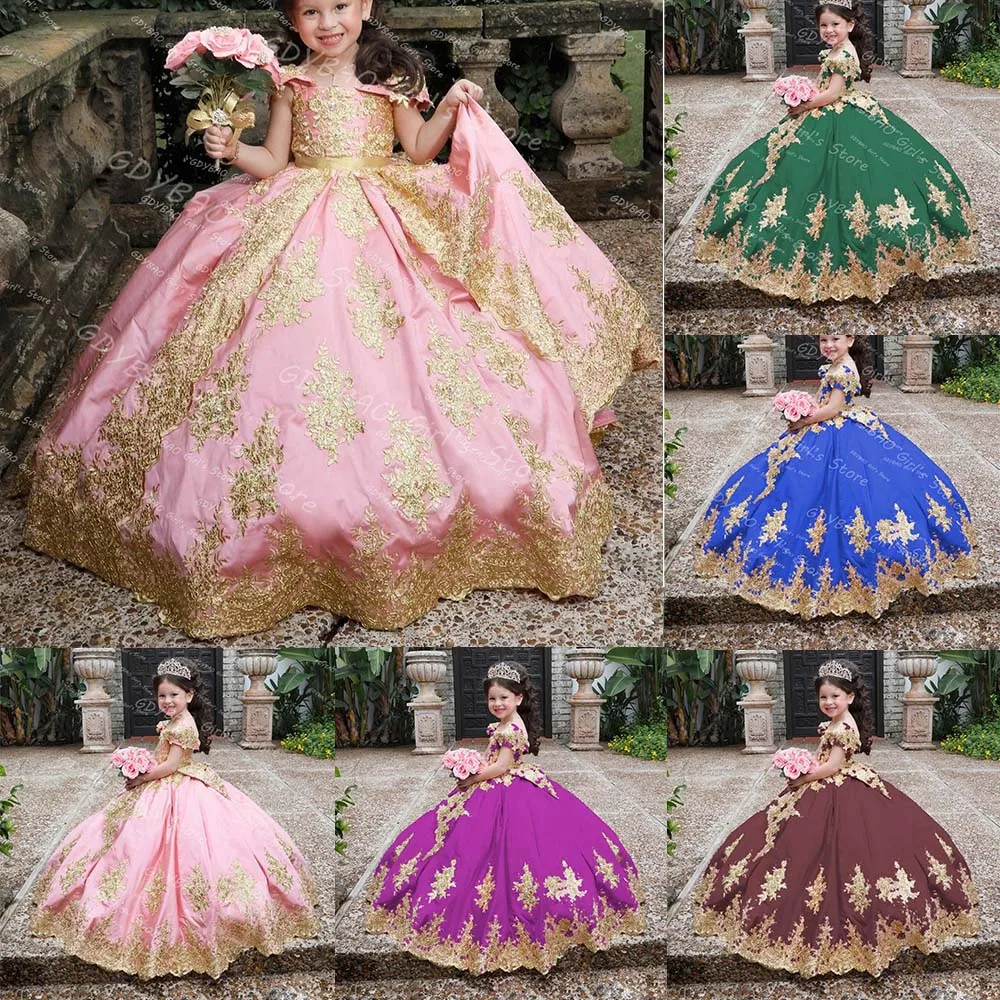 

Girls Princess Pageant Dress Off The Shoulder Gold Appliques Flower Girl Dress for Wedding 2-14 Kids Customized Party Ball Gown