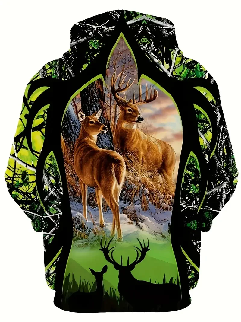 Autumn Hoodie For Men Deer Graphic 3D Print Hooded Sweatshirt Outdoor Street Casual Long Sleeve Tops Male Overszied Clothing